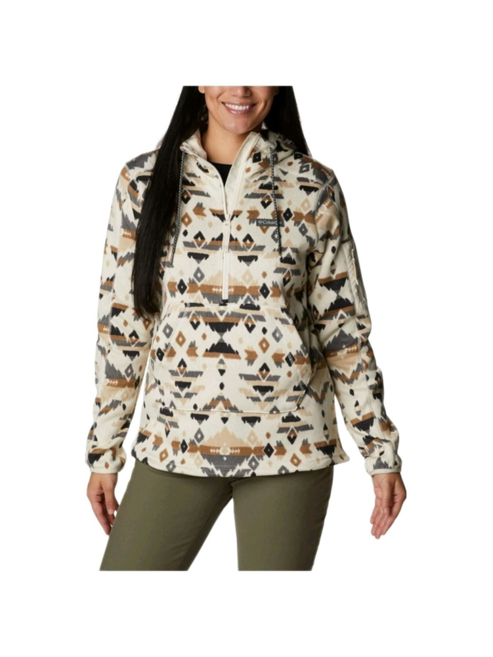 Columbia Sweater Weather Fleece Hooded Quarter Zip Sz S Cream Aztec Outdoor Hike - Picture 1 of 14